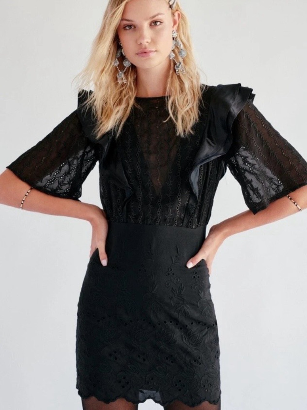 NWOT Free People Black Lace & Eyelet Mini Dress with Ruffle Shoulders / Size 6